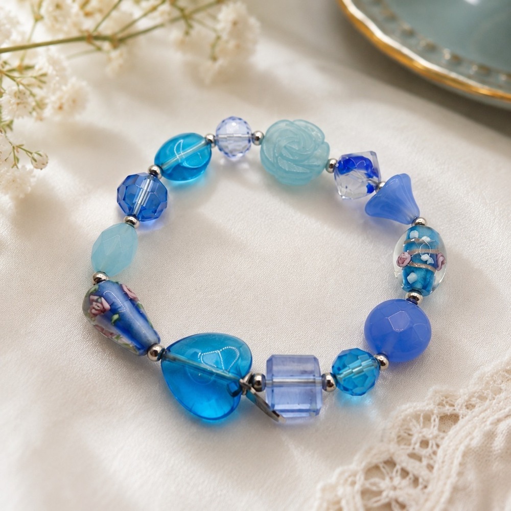 Cookie Lee Blue Glass Bead Stretch Bracelet Floral Rose Heart Beads Silver Tone